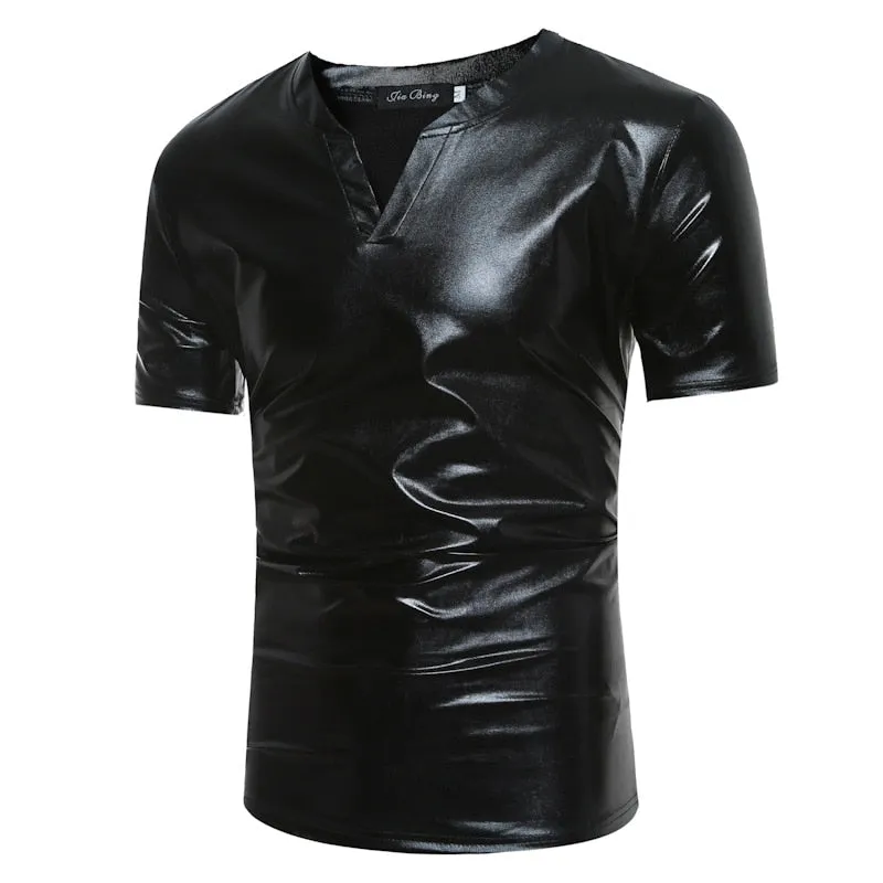 Shiny Coated Metallic V-Neck  Casual Style Men T-Shirt