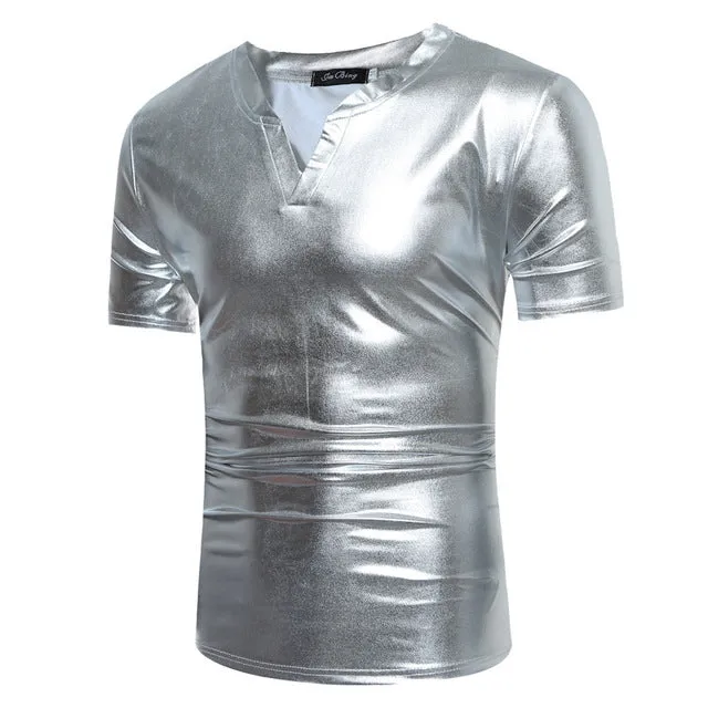 Shiny Coated Metallic V-Neck  Casual Style Men T-Shirt