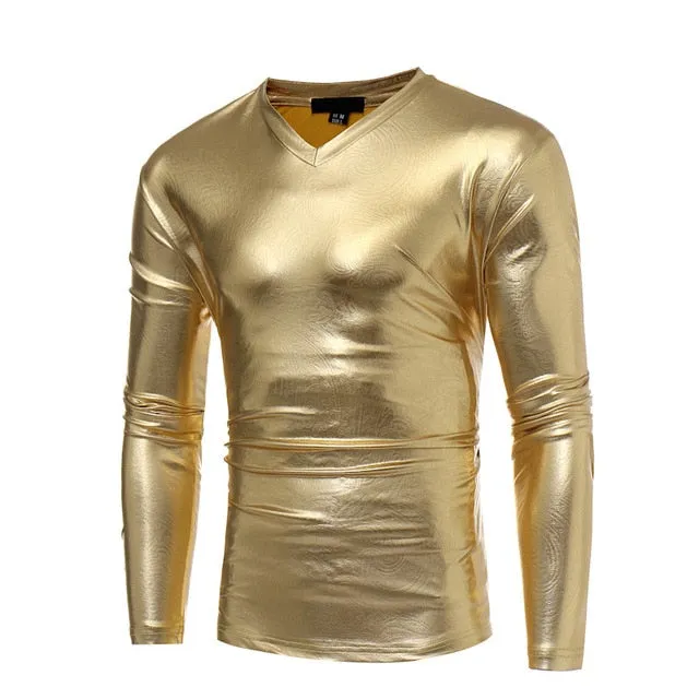 Shiny Coated Metallic V-Neck  Casual Style Men T-Shirt
