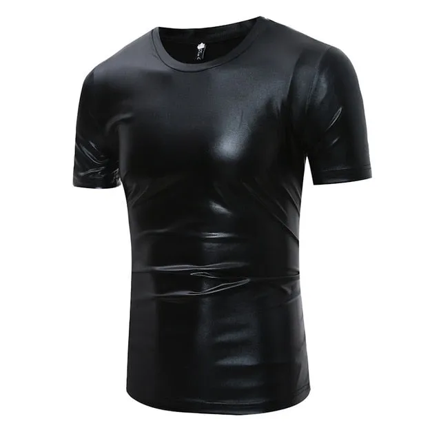 Shiny Coated Metallic V-Neck  Casual Style Men T-Shirt