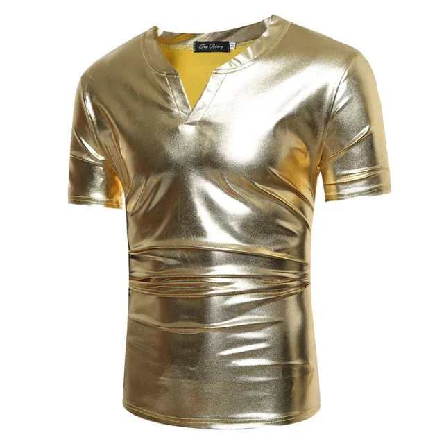 Shiny Coated Metallic V-Neck  Casual Style Men T-Shirt