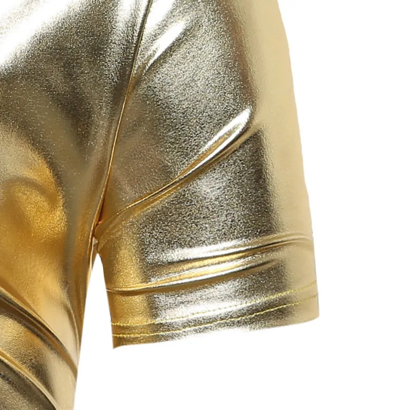 Shiny Coated Metallic V-Neck  Casual Style Men T-Shirt