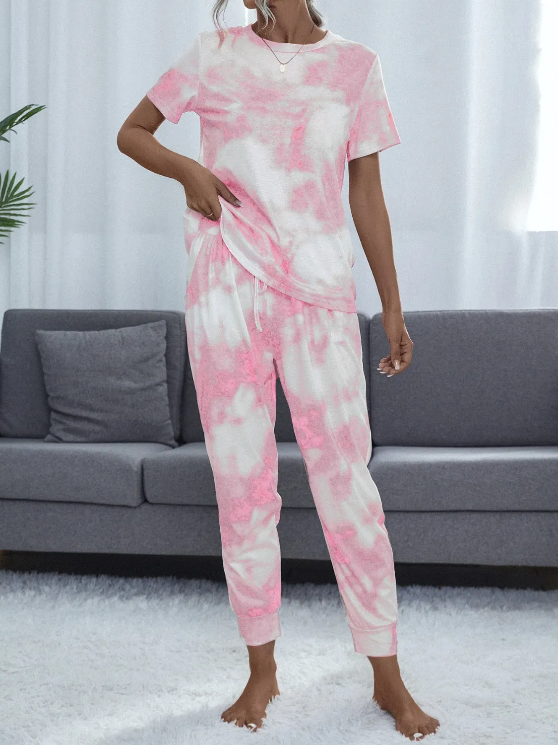 Shiny Tie-Dye Round Neck Short Sleeve Top and Pants
